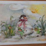 Postkarte Schneeglöckchen mit Schneeballschlacht